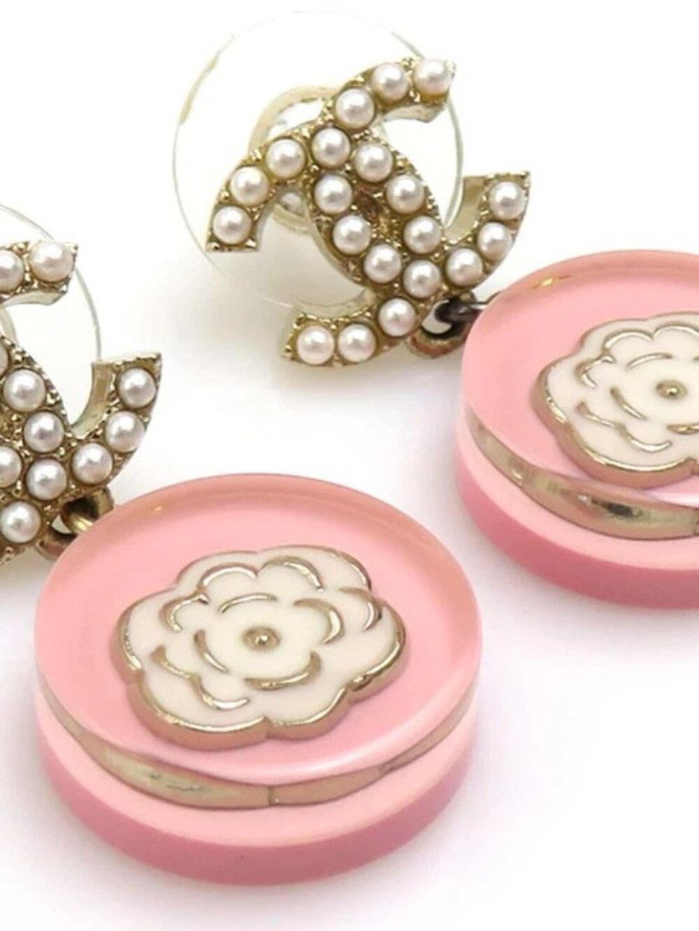 CHANEL Camellia Pink Pearl CC Drop Earrings with Floral Medallion